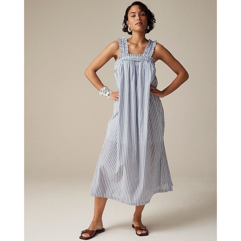 J.Crew Cotton Voile Ruffle Trim Shift Midi Dress Blue White Stripe Pockets Sz M